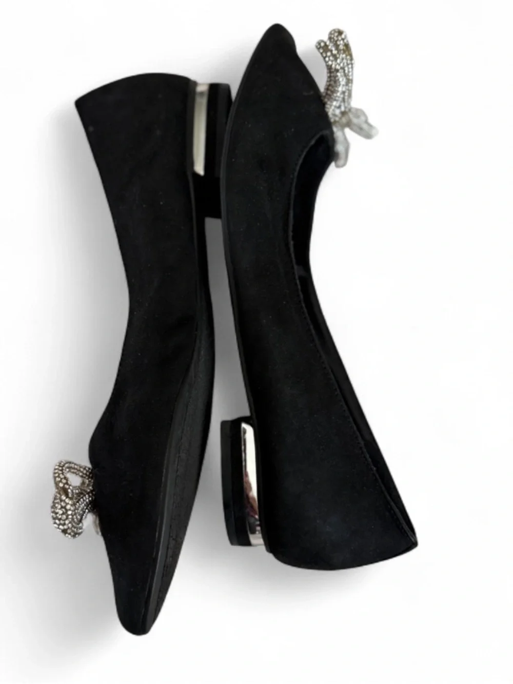 Jones New York Black Suede Pointed Flats with Crystal Bow Accent
